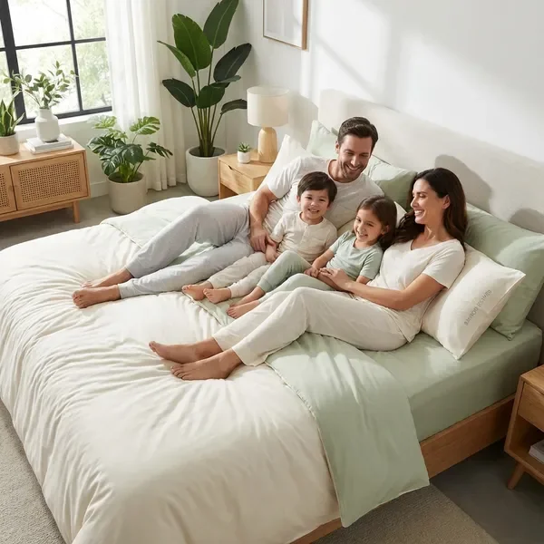 Eco-friendly family enjoying bamboo bedding
